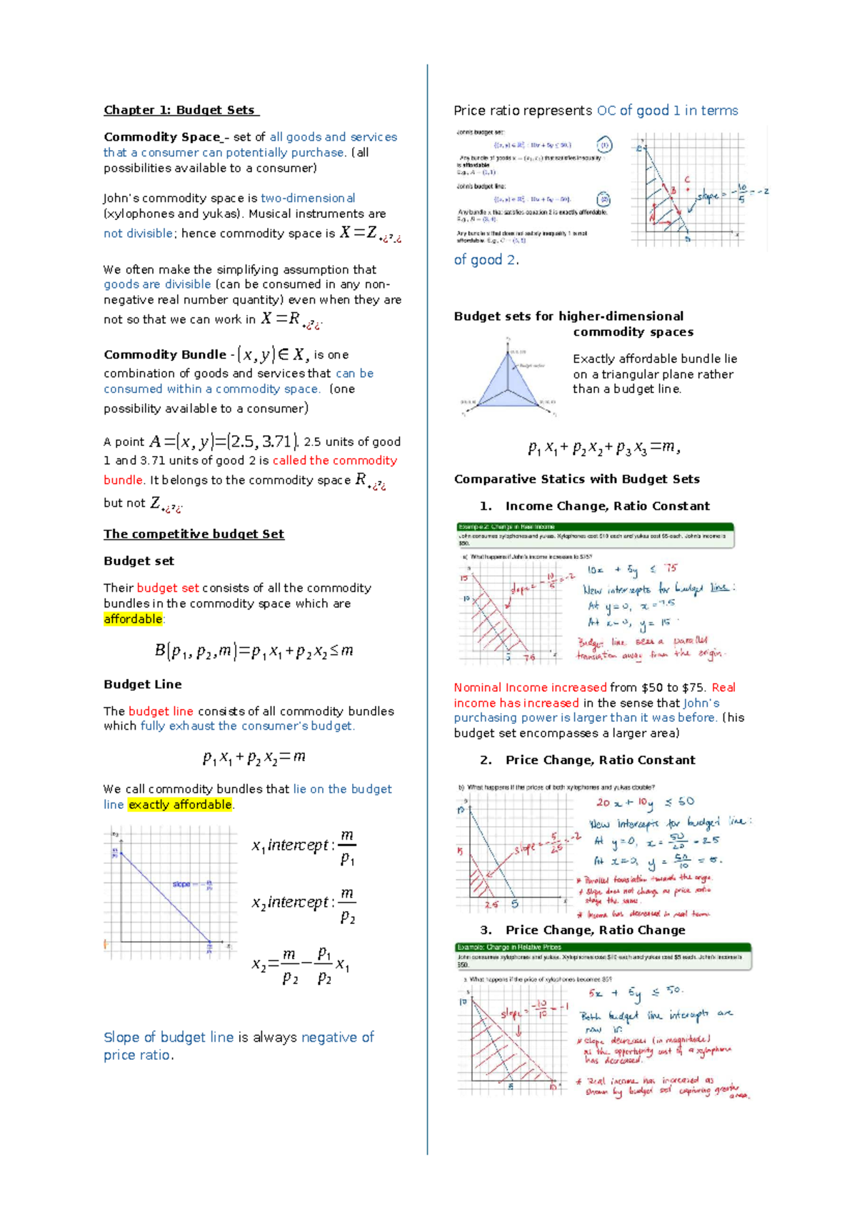 ECON2101 Final Exam Condensed Notes on Budget Sets and Preferences ...
