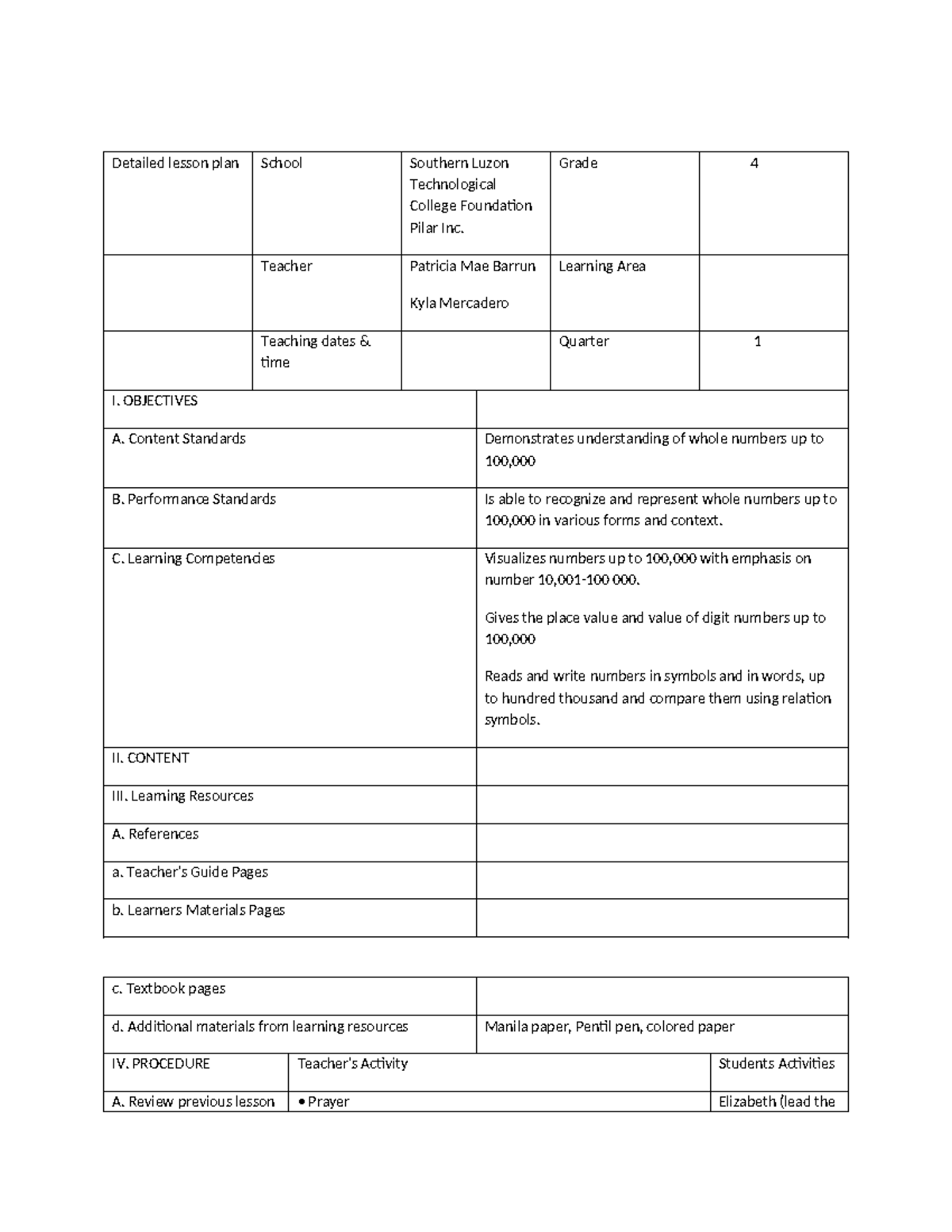 Detailed Lesson Plan: Understanding Whole Numbers - Grade 4 - Studocu