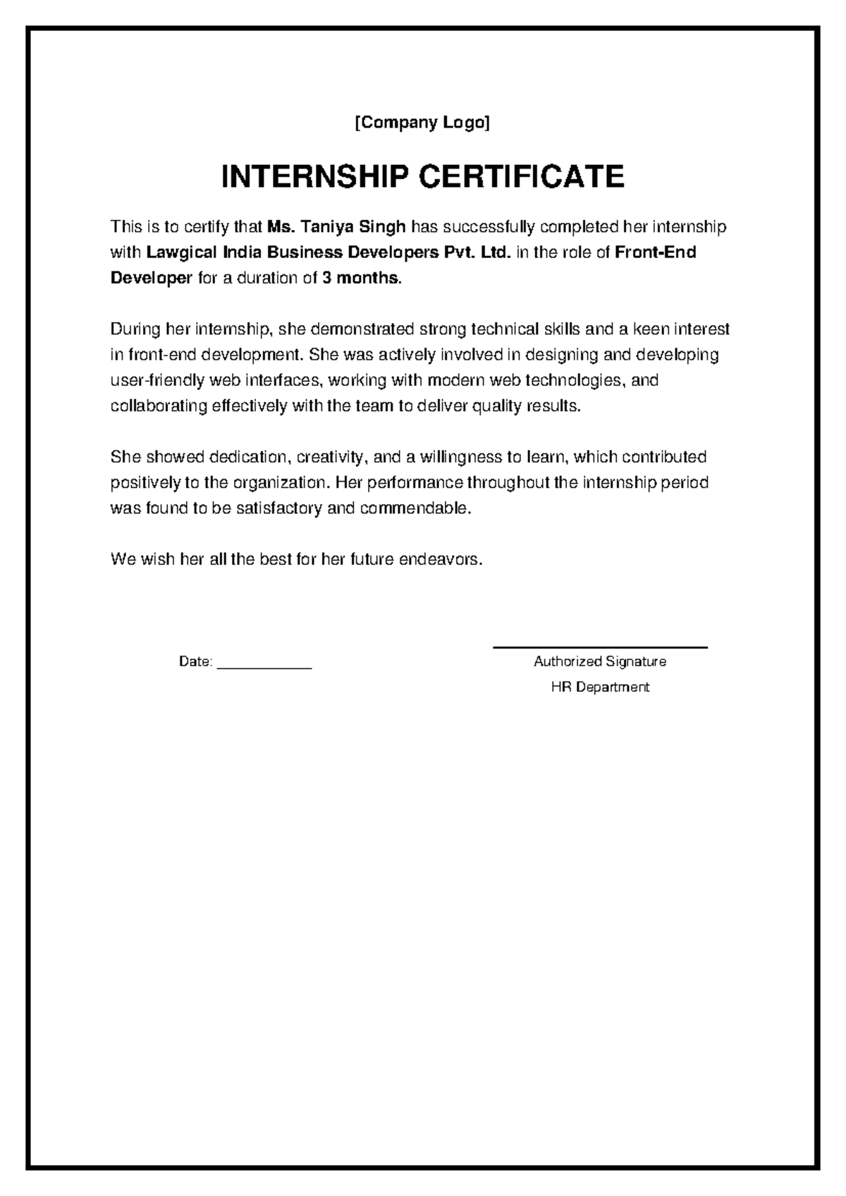 Internship Certificate for Taniya Singh - Lawgical India - Studocu
