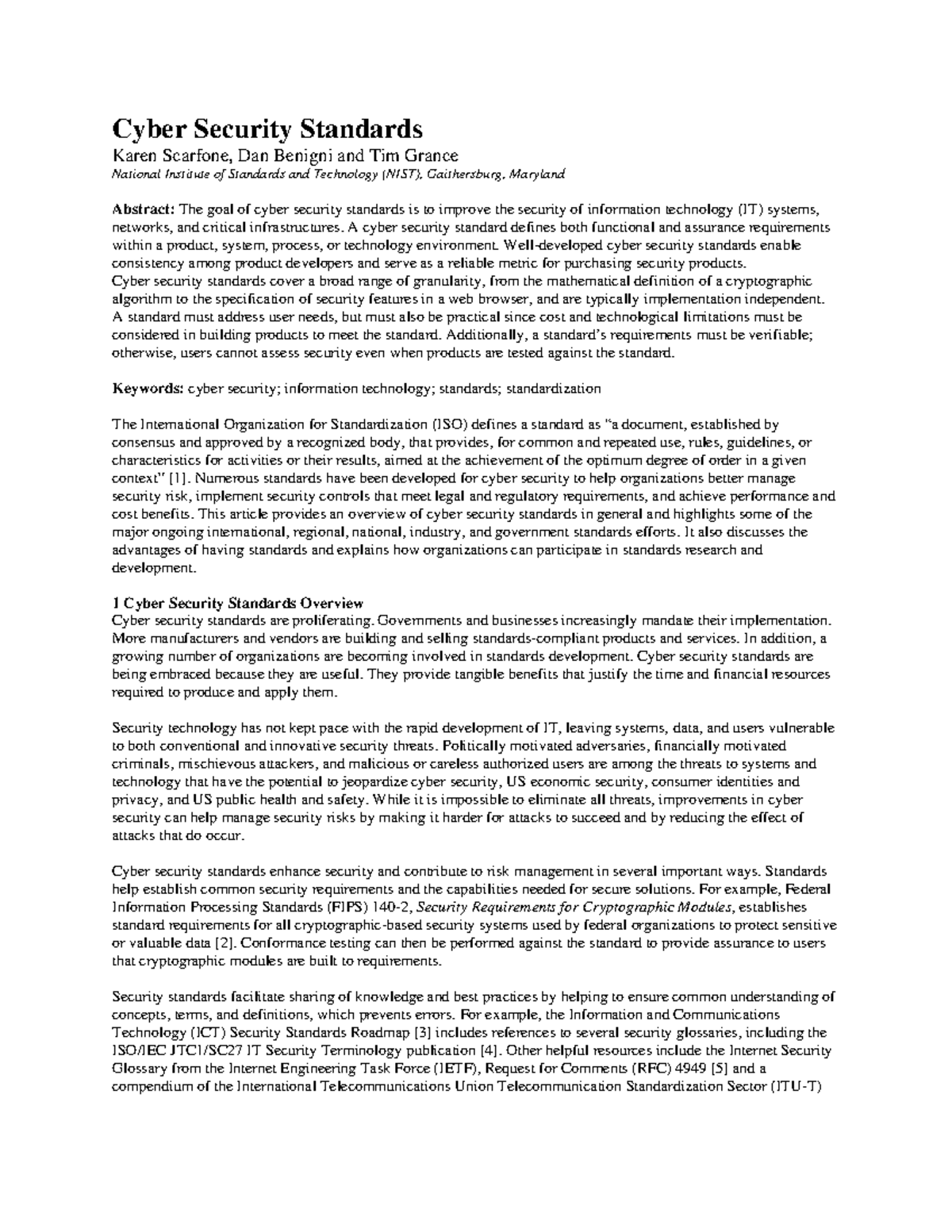 Cyber Security Standards Overview - Scarfone Cyber Sec Stds Chap - Studocu