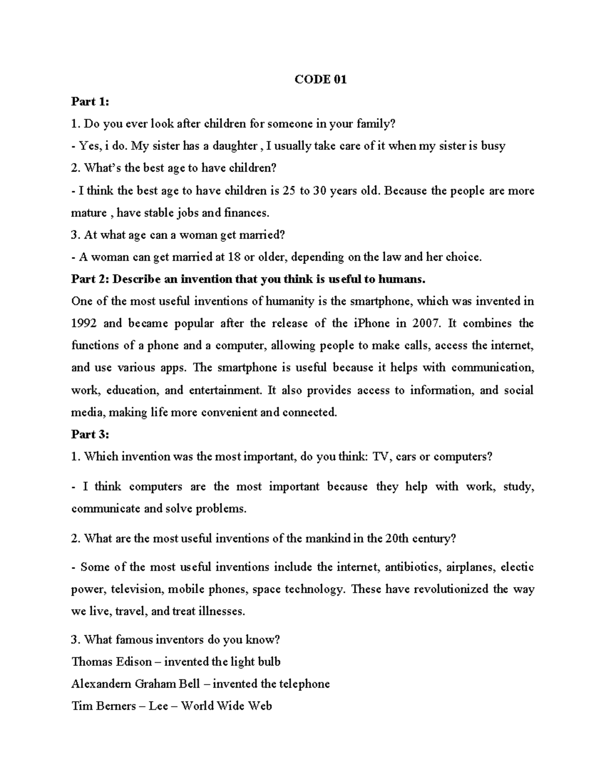 CODE 01 Speaking Practice: Personal Experiences and Future Plans - Studocu
