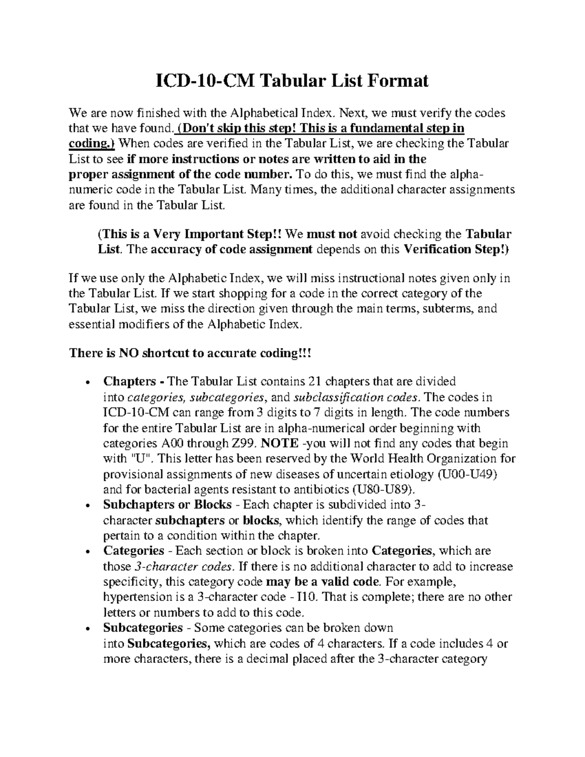 ICD-10-CM 1-18 Tabular List Format & Verification Process - Studocu