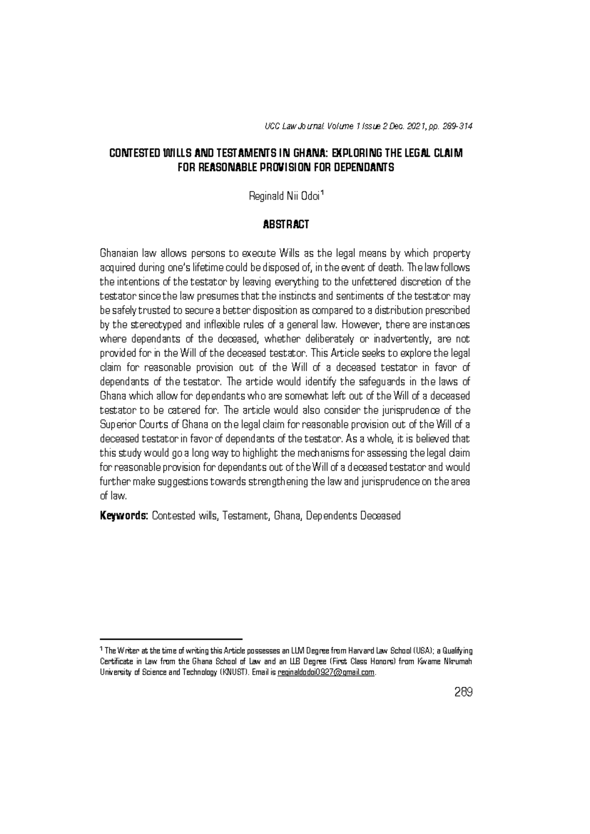 Contested Wills and Testaments in Ghana: Legal Claims for Dependants ...