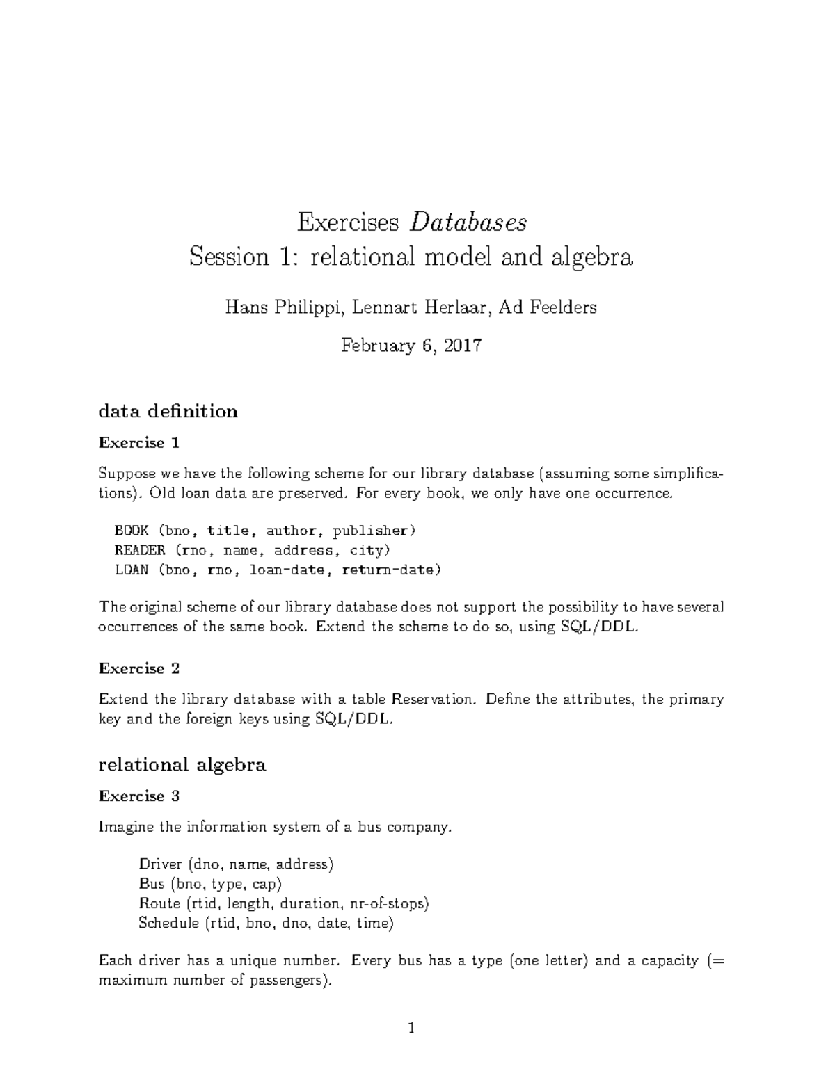 Exercises Databases 1: Relational Model & Algebra - Studeersnel