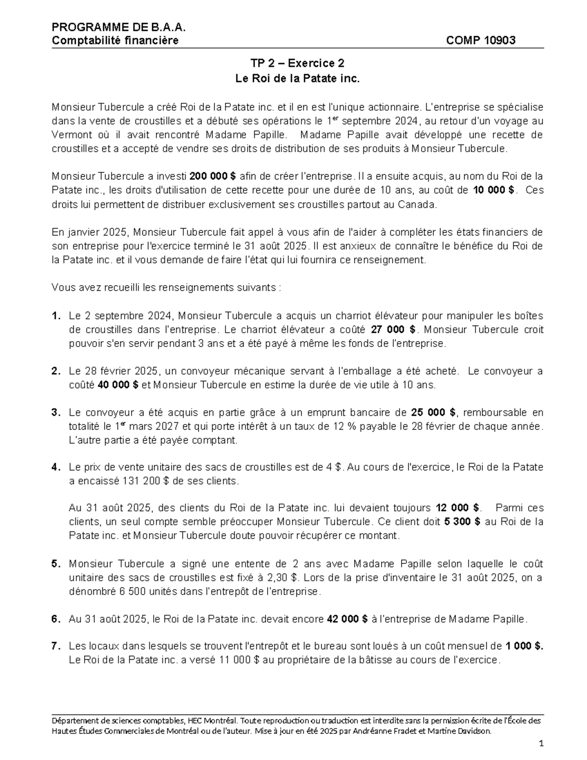 COMP 10903 TP2 Exercice 2: État Financier de Roi de la Patate inc ...