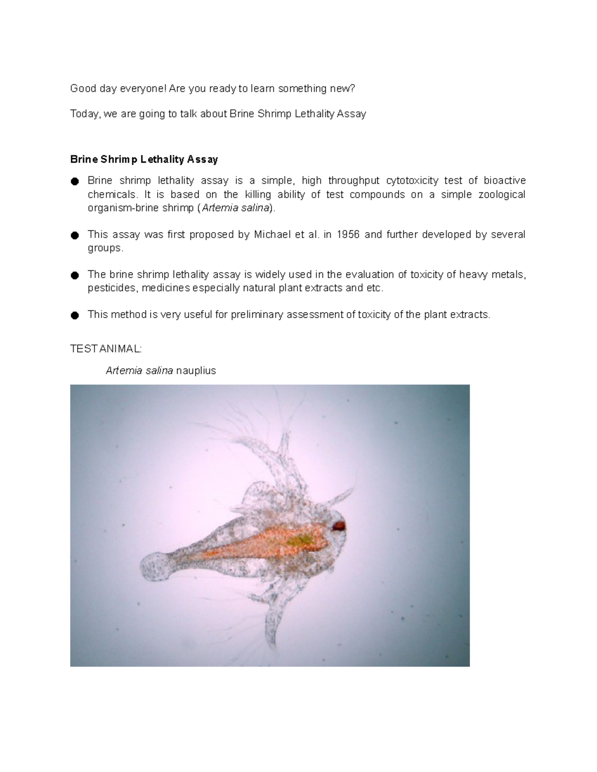 Brine Shrimp Lethality Assay: A Cytotoxicity Testing Guide - Studocu