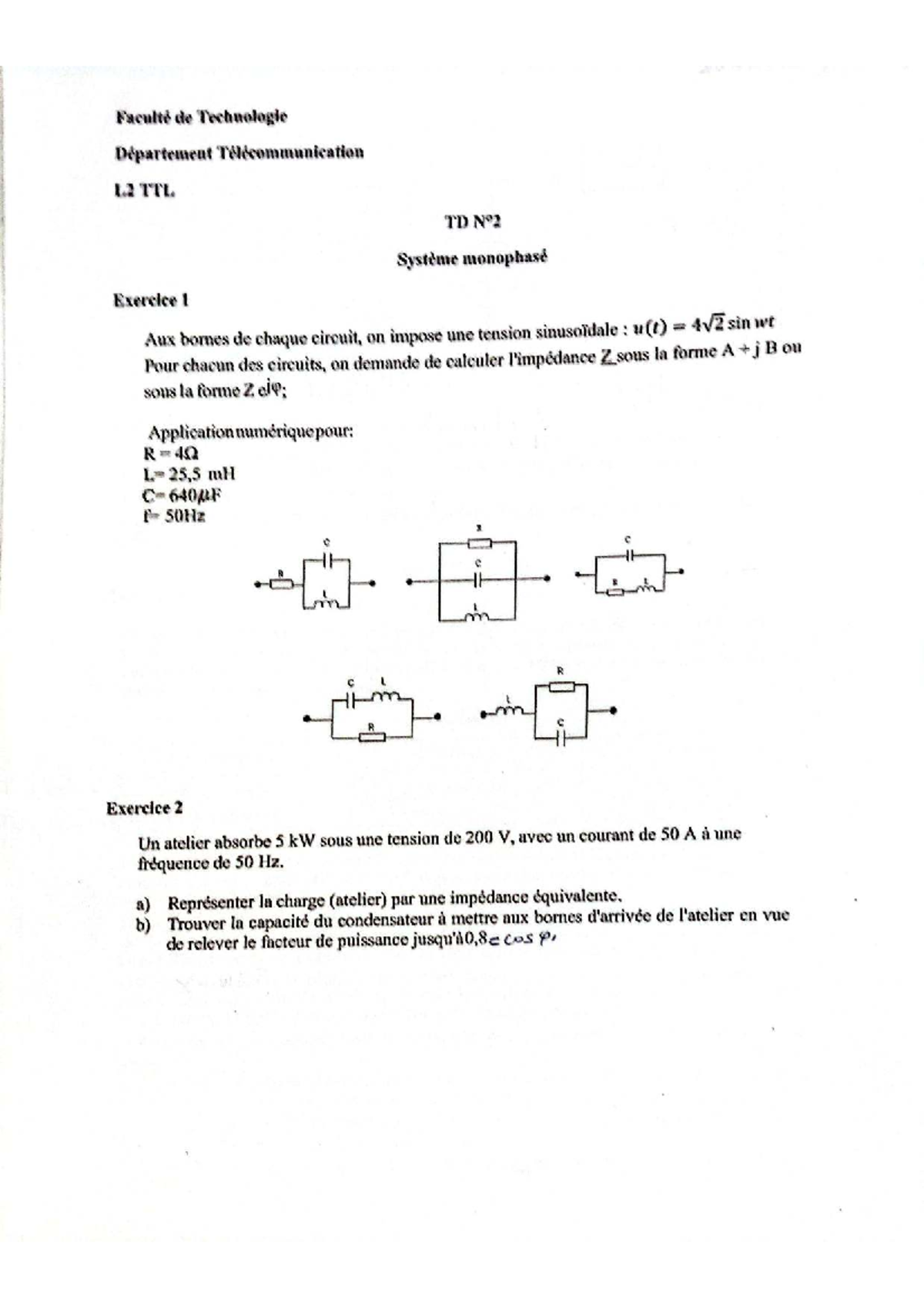 TD2 Électrotechnique: Système Monophasé - Exercice 1 & 2 - Studocu