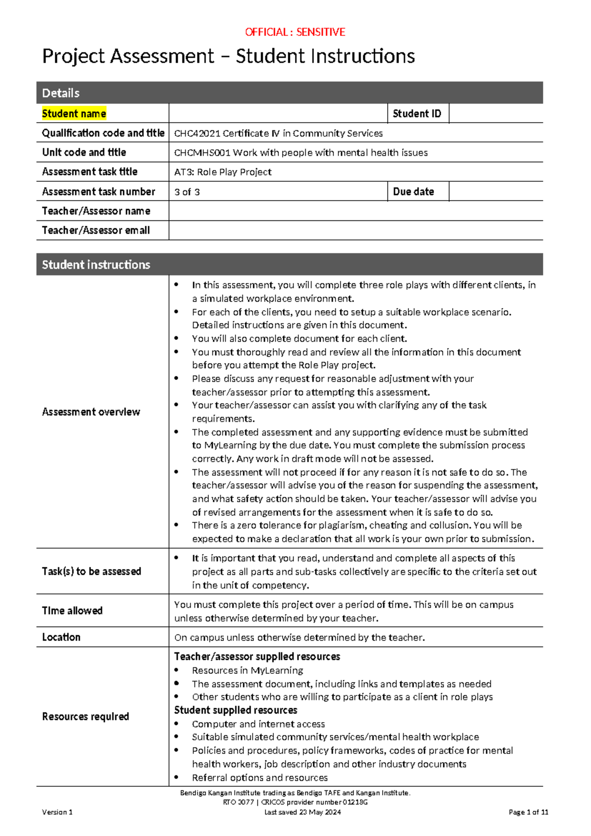 CHCMHS001 AT3: Role Play Project Assessment Instructions 2024 - Studocu