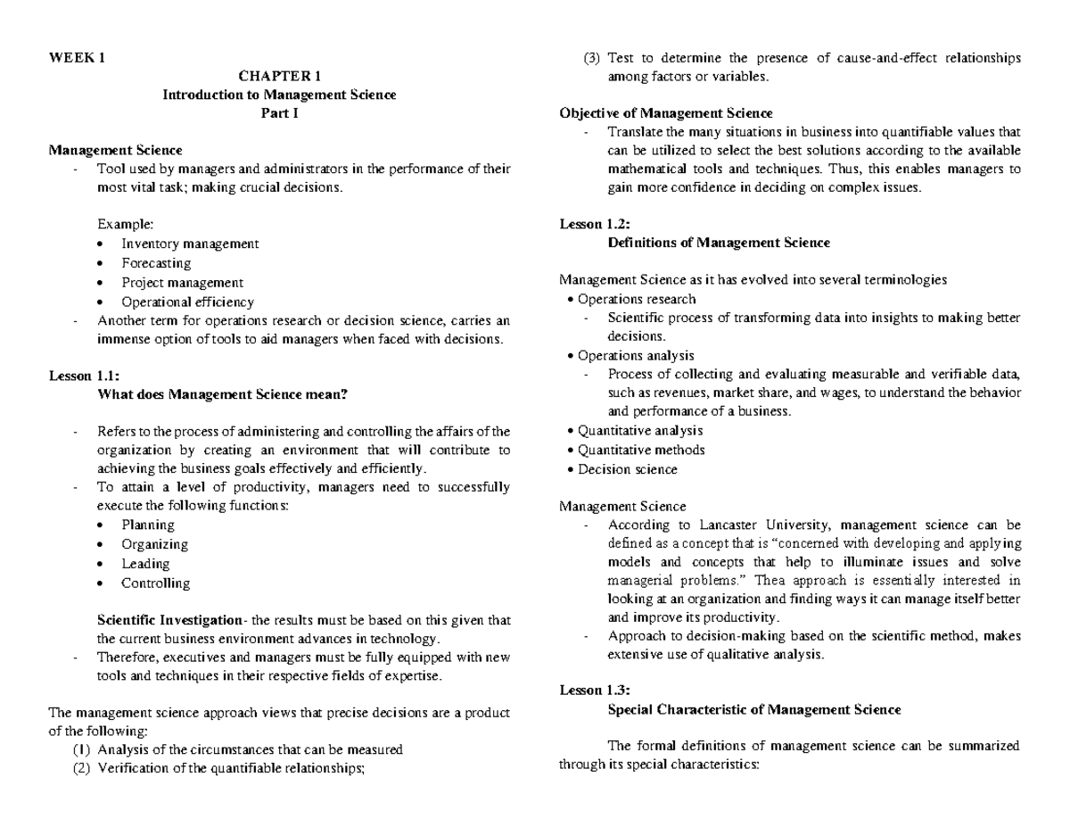 Chapter 1: Introduction to Management Science - Key Concepts and ...