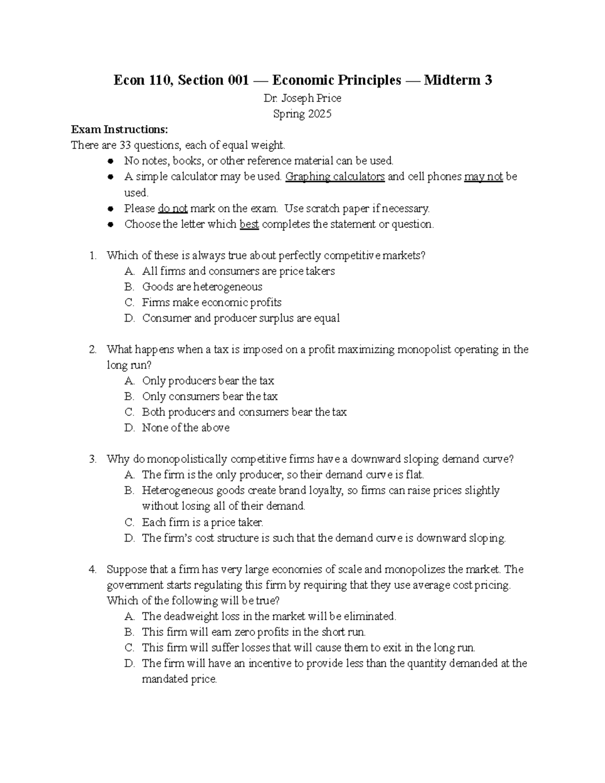 Econ 110 - Spring 2025 Midterm Exam 3 Study Guide - Studocu