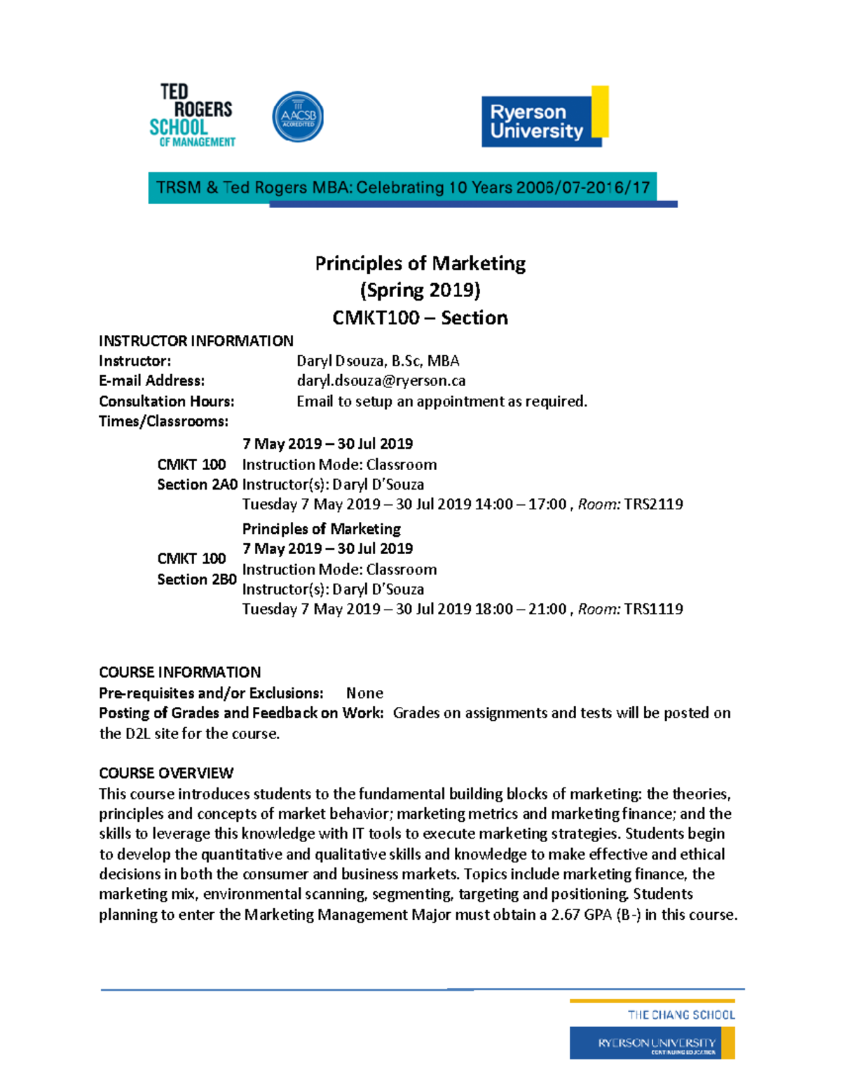 MKT CMKT100 Principles of Marketing Course Outline - Spring 2019 - Studocu