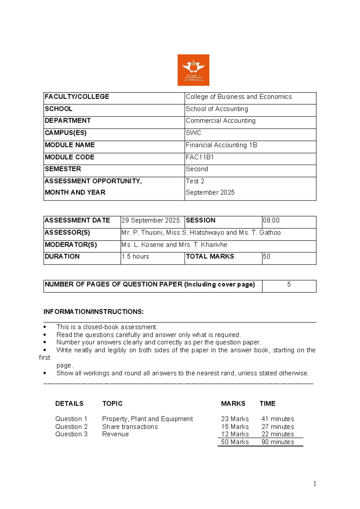 2025 FAC11B1 Financial Accounting 1B Test 2 Questions and Guidelines ...