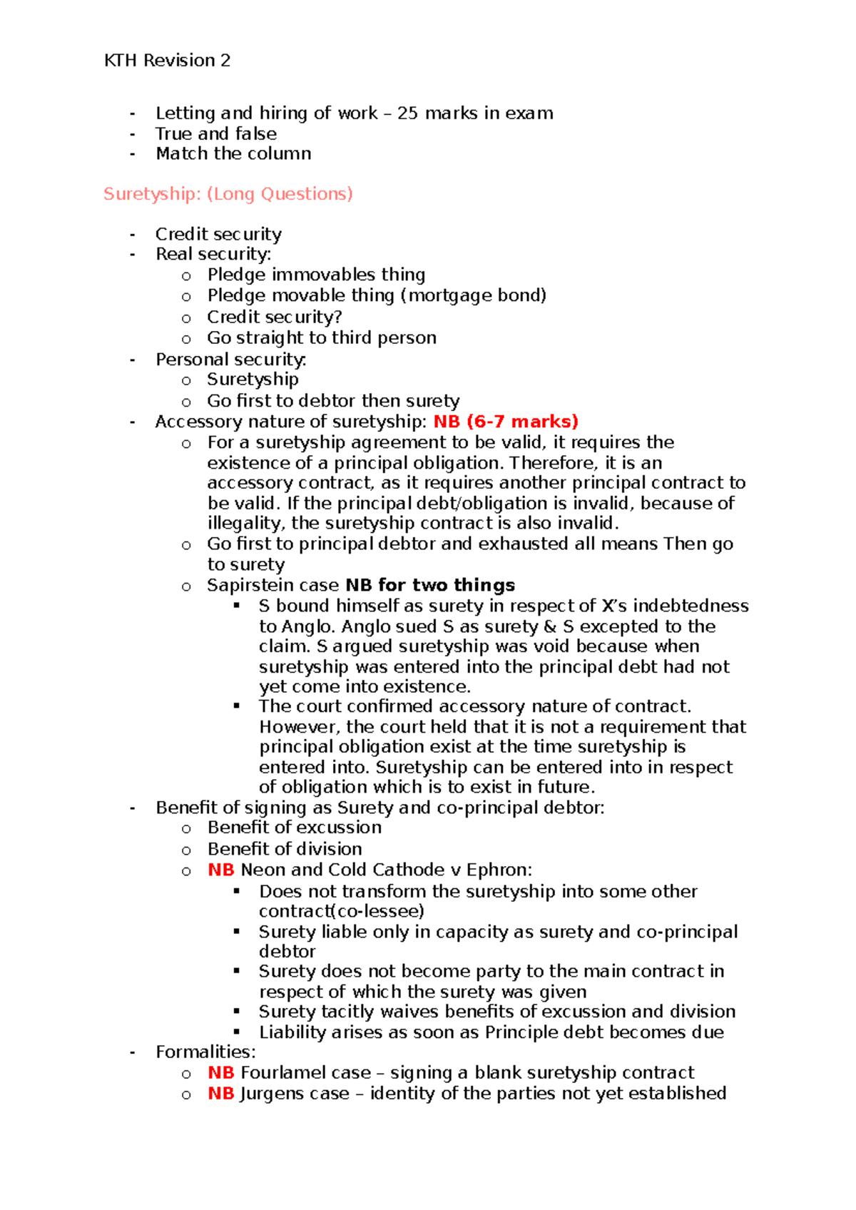 KTH Revision 2: Suretyship and Letting/Hiring of Work Exam Notes - Studocu