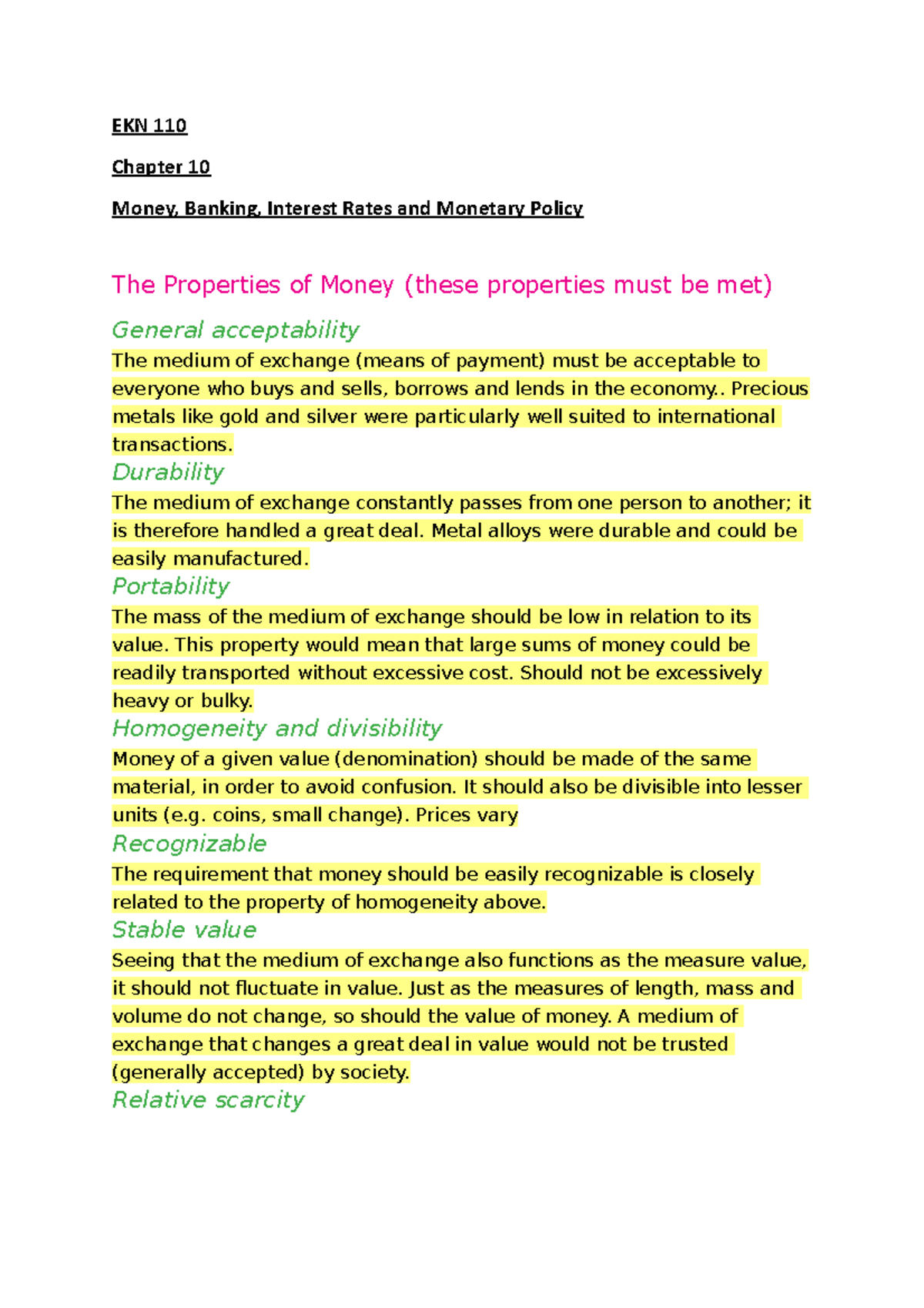EKN 110 Chapter 10 Summary: Money, Banking & Monetary Policy - Studocu