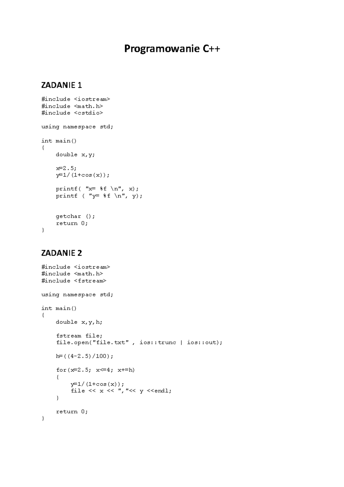 Programowanie C++ zadania - Programowanie w C++ - PK - Studocu