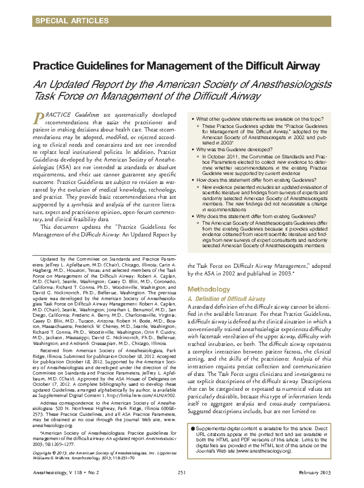 ASA Practice Guidelines for Management of the Difficult Airway Updated