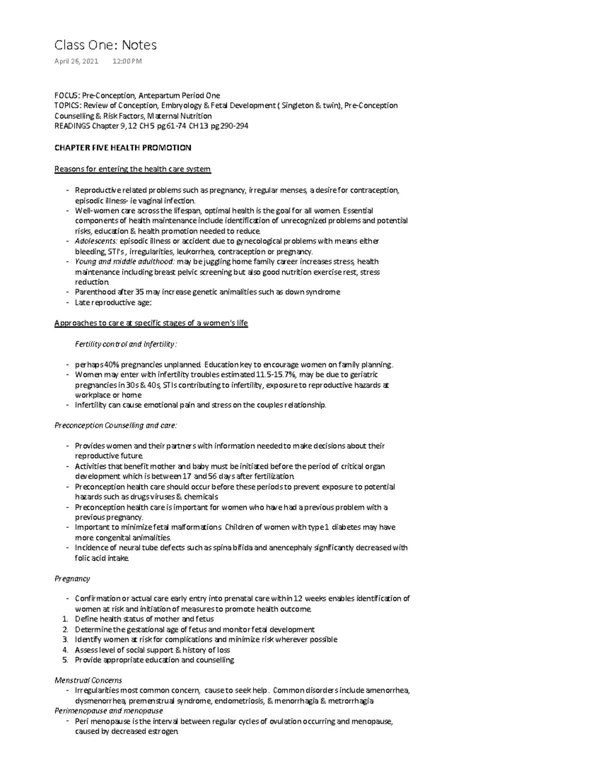 Class one notes - FOCUS: Pre-Conception, Antepartum Period One TOPICS ...