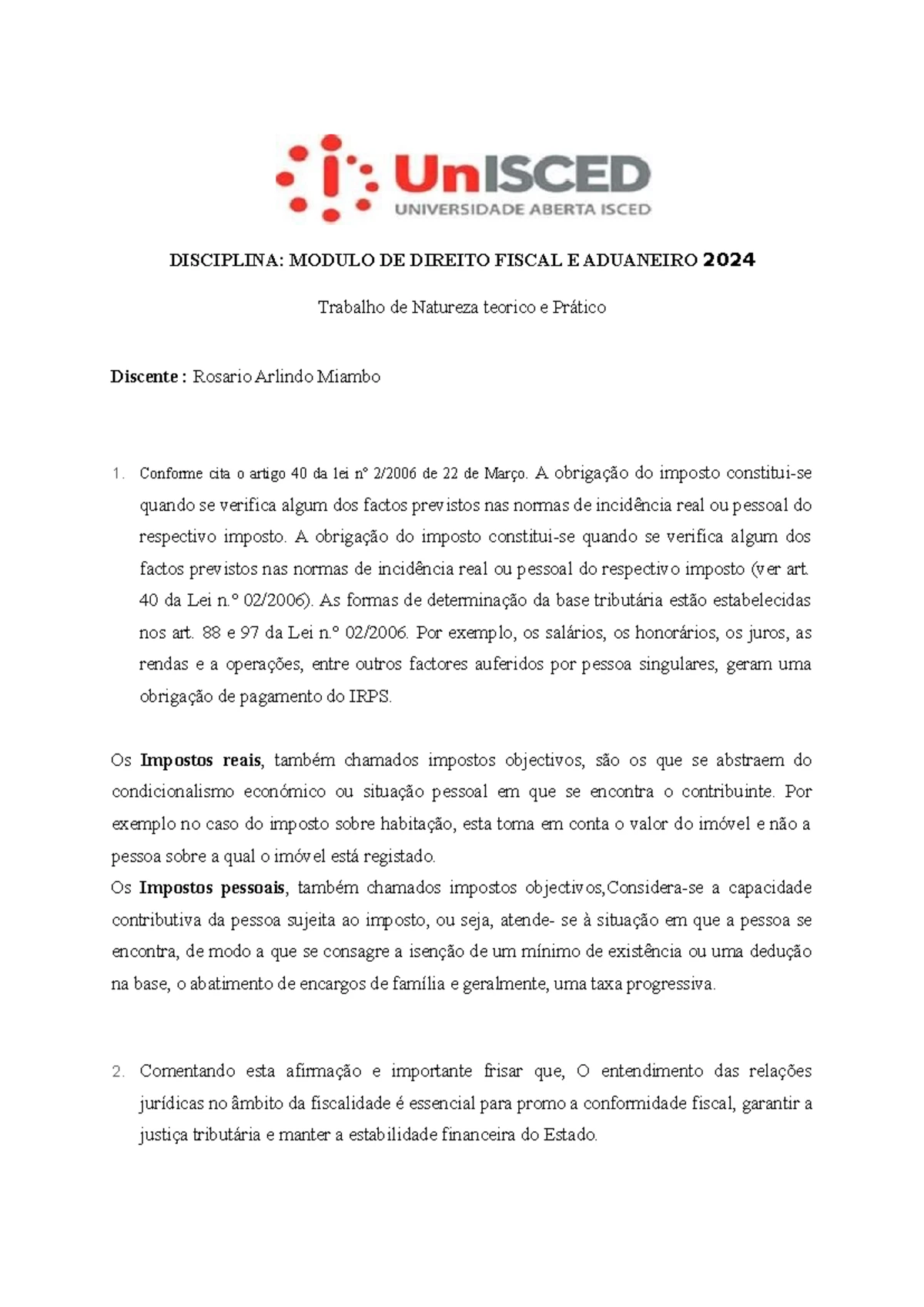 Trabalho Teórico e Prático em Direito Fiscal Aduaneiro 20242023 - Studocu