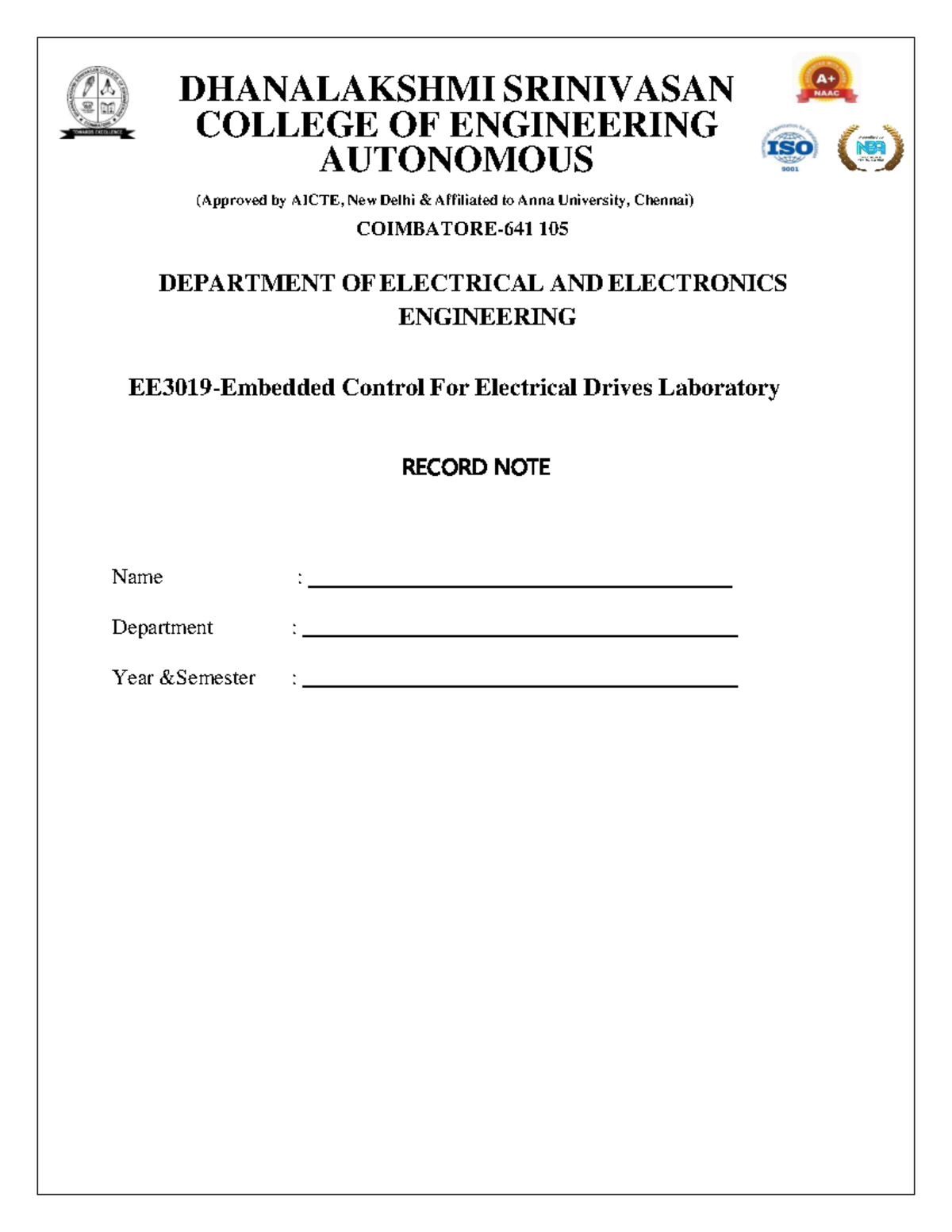 ECED 105 Control for Electrical Drives Lab Record Notes - Studocu