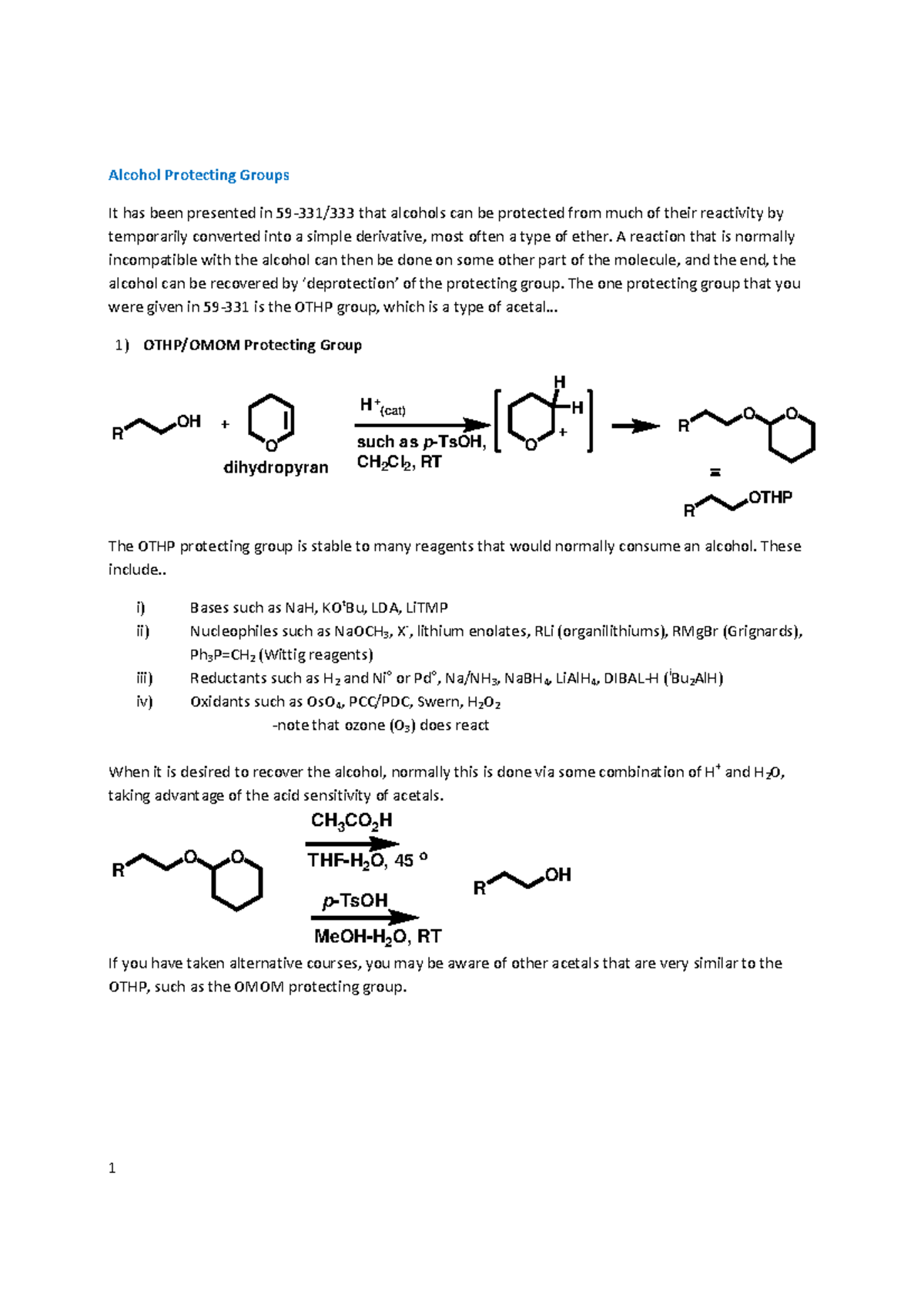 Protecting Groups in Organic Chemistry: OTHP, OMOM, and More - Studocu