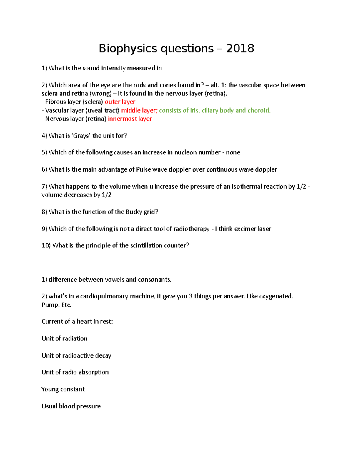 Biophysics Questions & Answers for Course Code BIOPHYS 2018 - Studocu