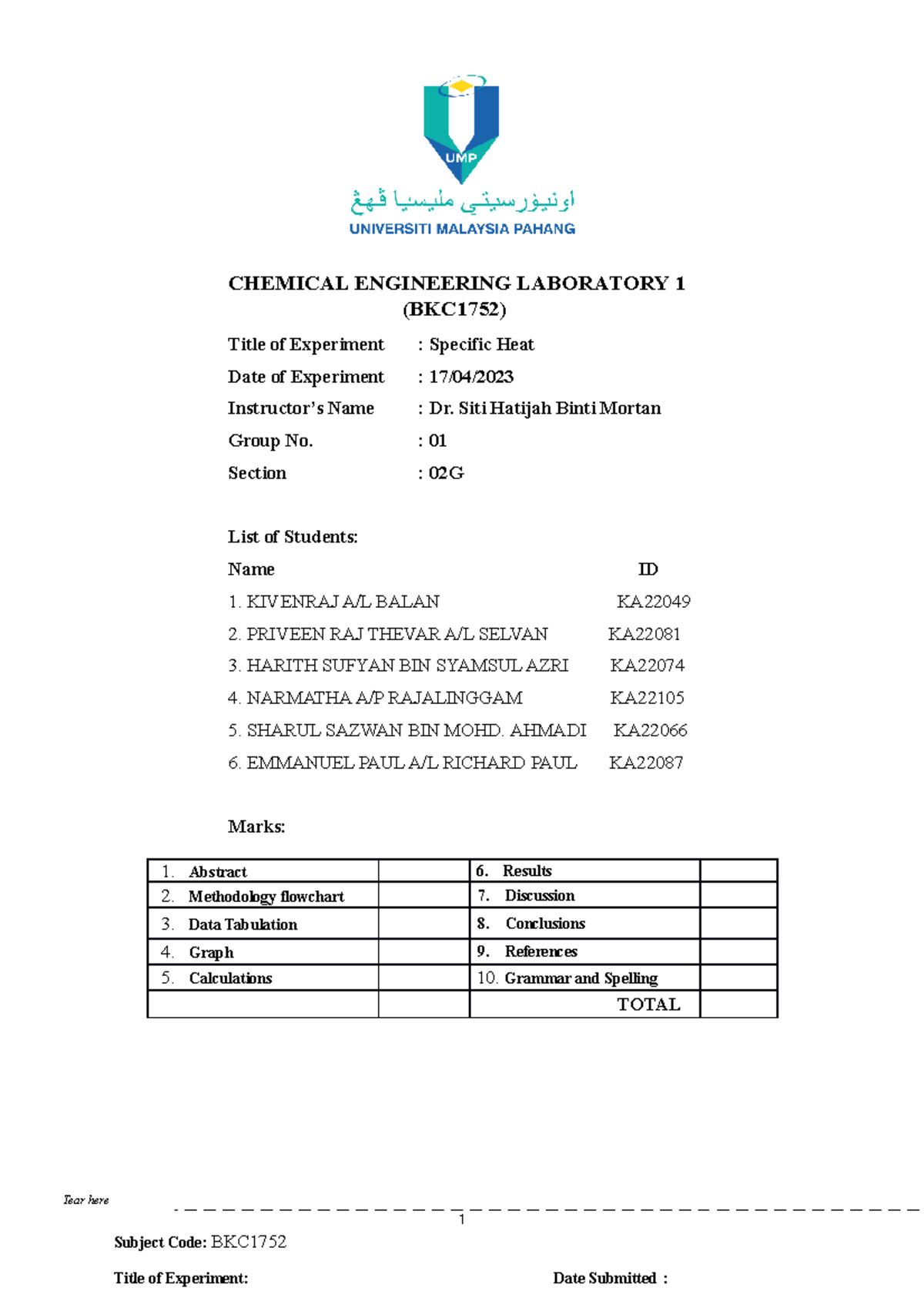 Specific Heat Experiment (BKC1752) - Chemical Engineering Lab 1 - Studocu
