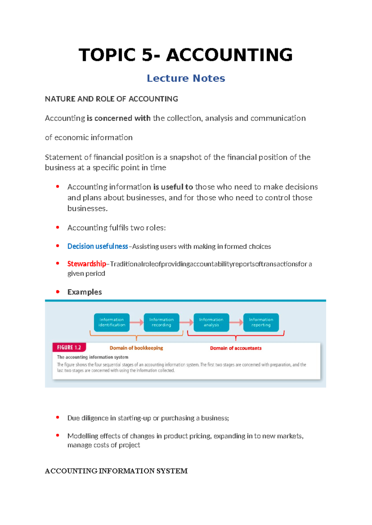 Topic 5- Accounting - TOPIC 5- ACCOUNTING Lecture Notes NATURE AND ROLE ...