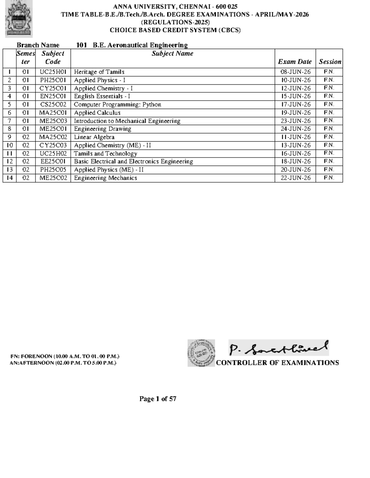 Anna University B.E. Time Table for CBCS Exams 2025 - Studocu