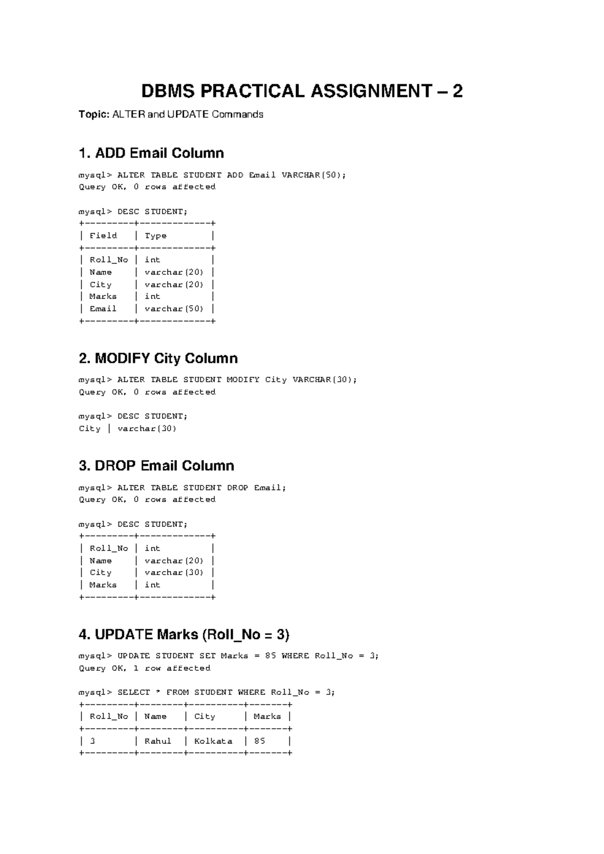 DBMS PRACTICAL ASSIGNMENT 2: ALTER & UPDATE Commands Guide - Studocu