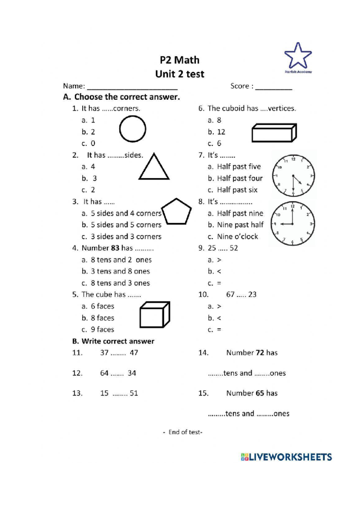 P2 Math Unit 2 Test - Starfish Academy Practice Worksheet - Studocu