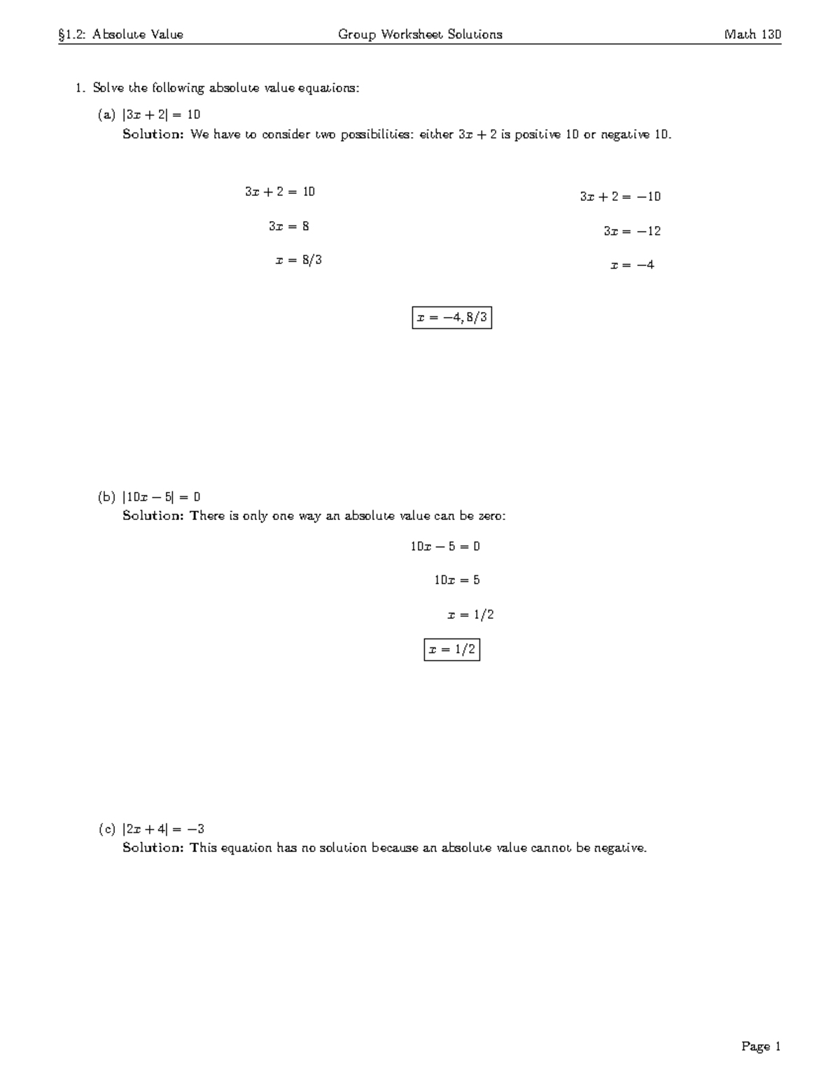 Math 130: Absolute Value Group Worksheet Solutions - Studocu