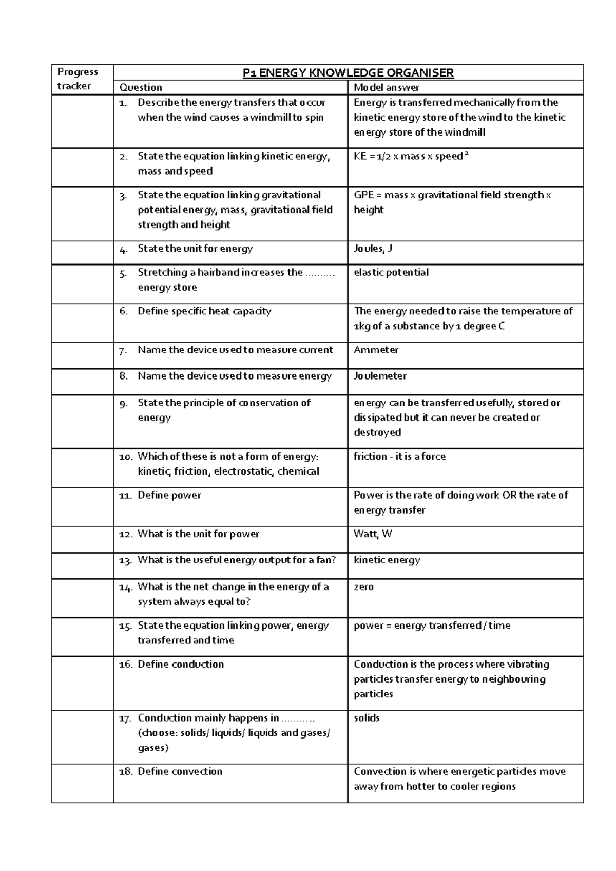 18 - P1 Energy Knowledge Organiser Guide - Studocu