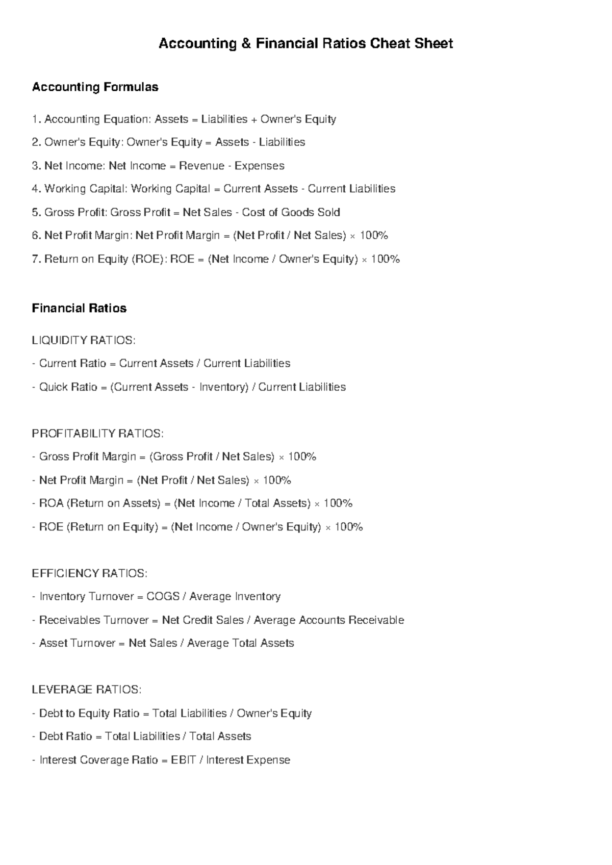 Accounting Financial Ratios Cheat Sheet - Accounting & Financial Ratios ...