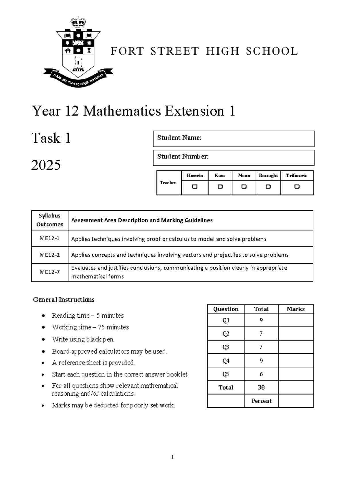 2025 Yr 12 Mathematics Extension 1 Assessment Task 1 - Studocu