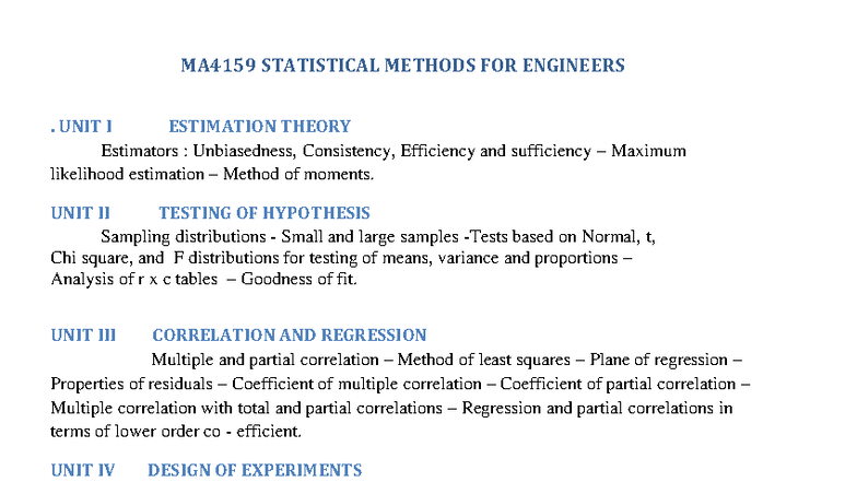 MA4159 - Statistical Methods for Engineers: Topic Overview and Practice ...