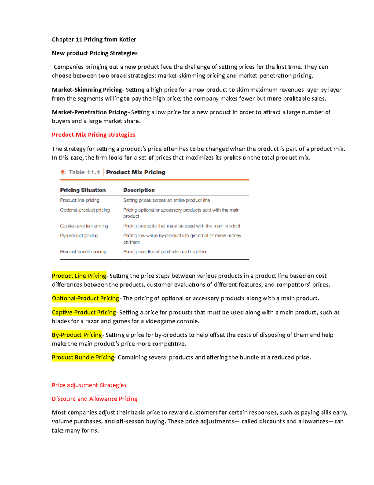 Chapter 11 Marketing Notes: Pricing Strategies and Adjustments - Studocu