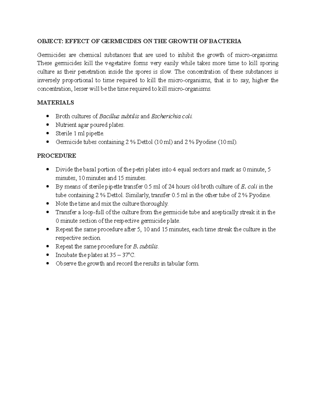 Germicidal activity - Goodluck - OBJECT: EFFECT OF GERMICIDES ON THE ...