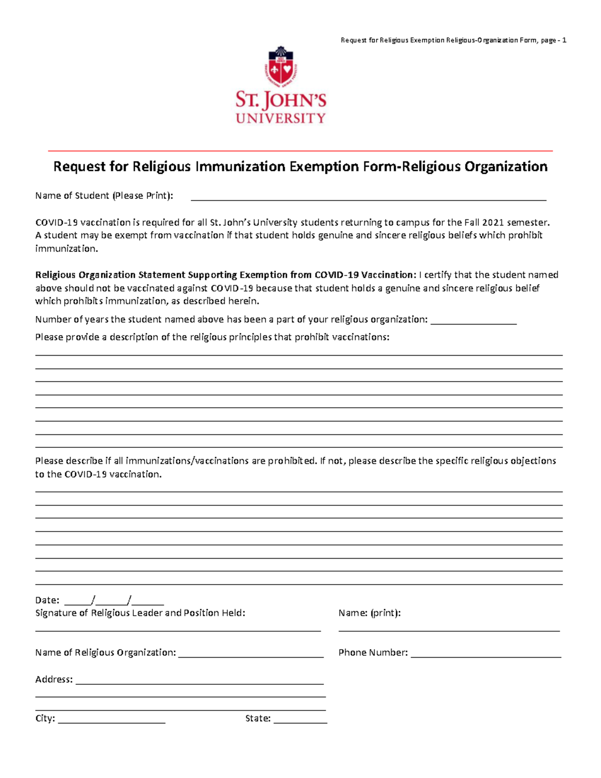 Covid-19 vaccine - religious exemption - religious org form - Request ...
