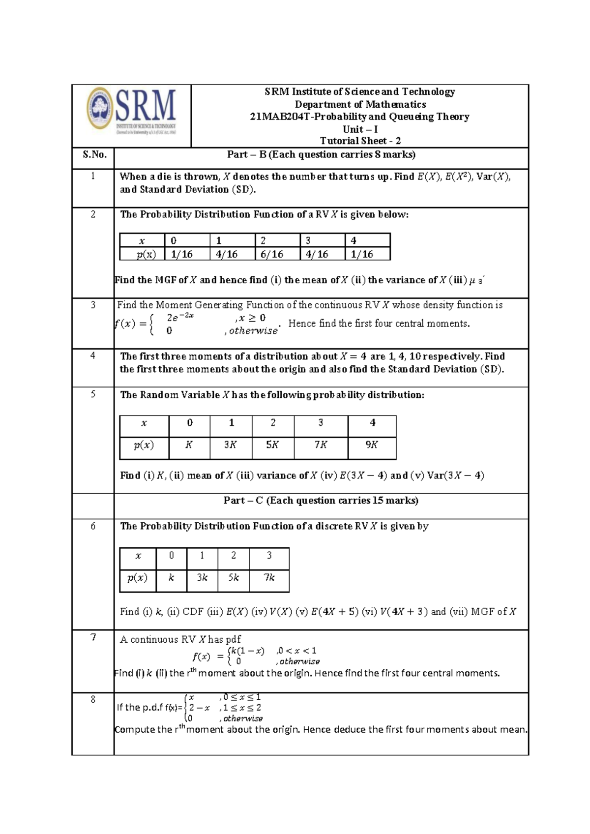 21MAB204T - PQT - AY 2025-26 - EVEN - Unit 1 Tutorial 2 Solutions - Studocu