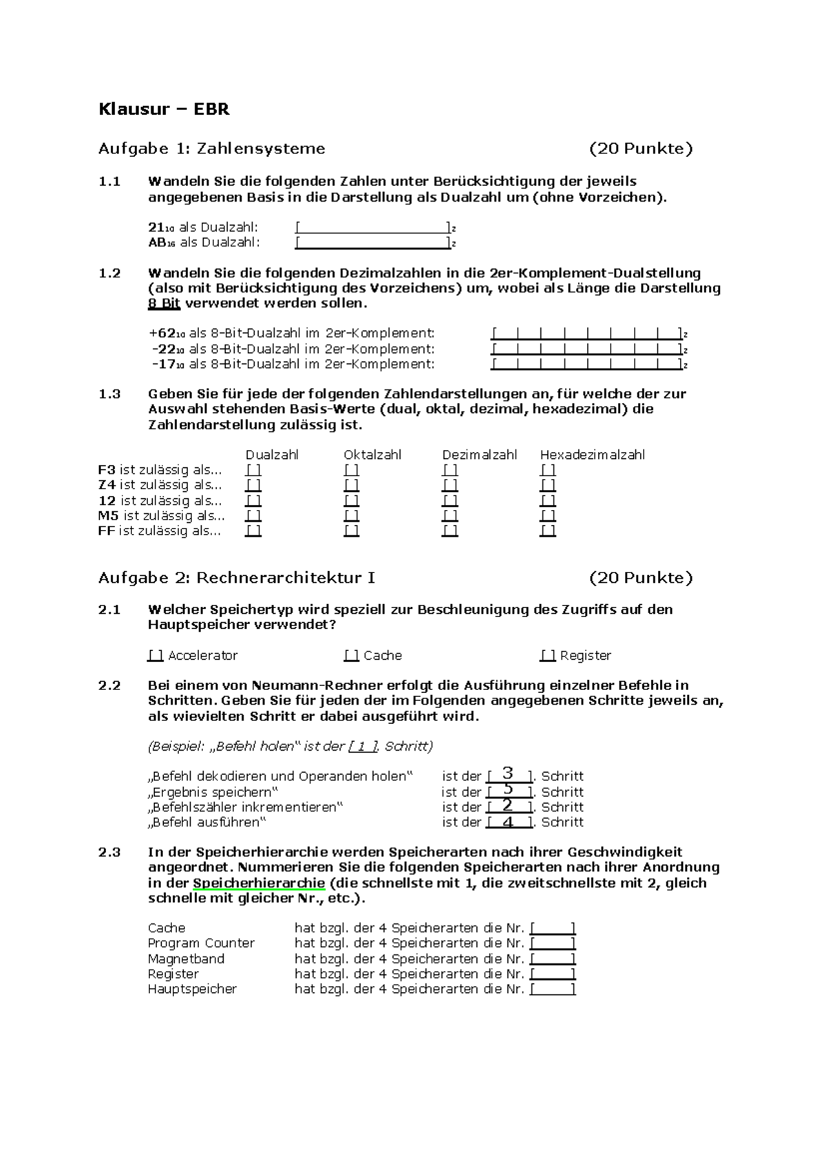EBR Klausur - Zahlensysteme und Rechnerarchitektur Probe  - Document Preview
