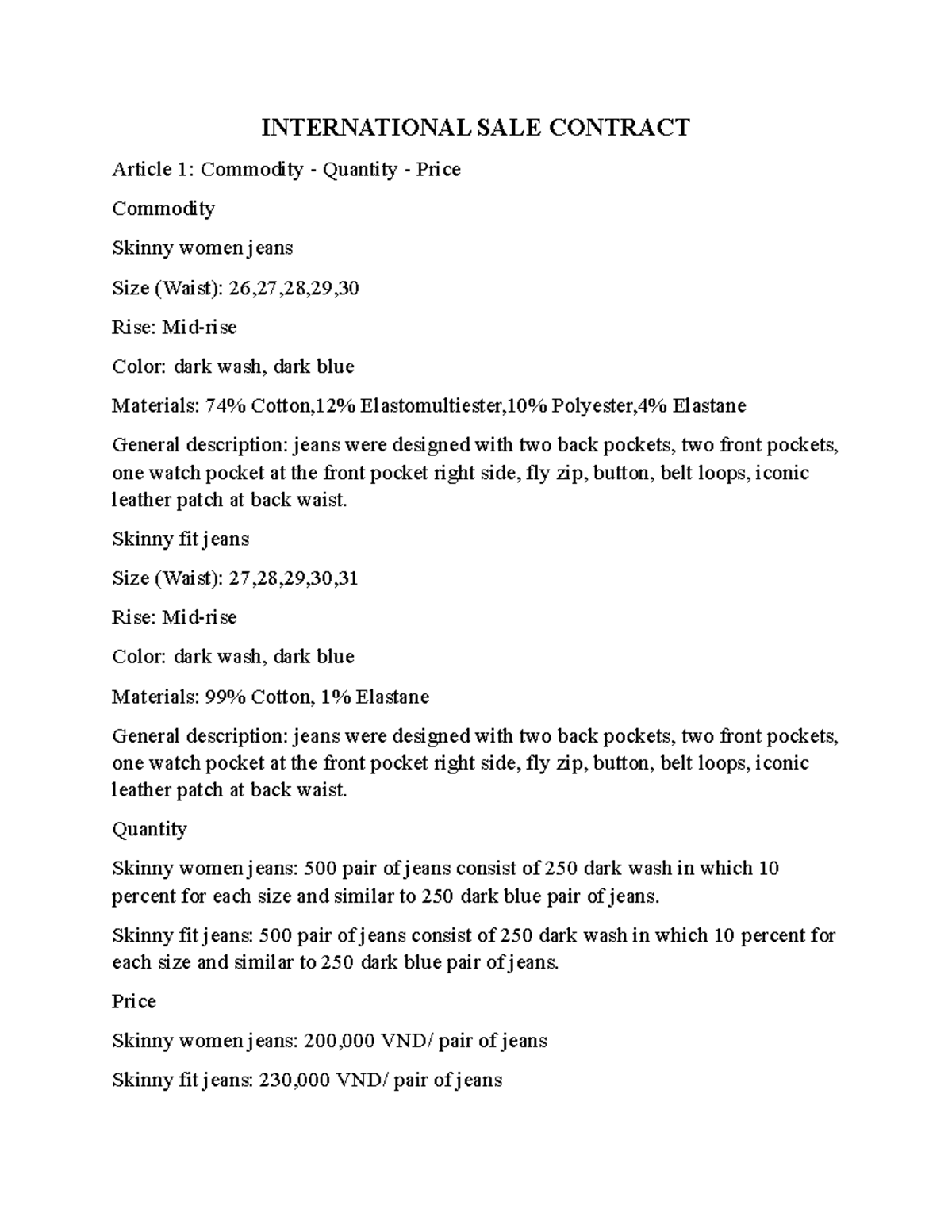 International Sale Contract for Skinny Jeans - Terms & Conditions - Studocu