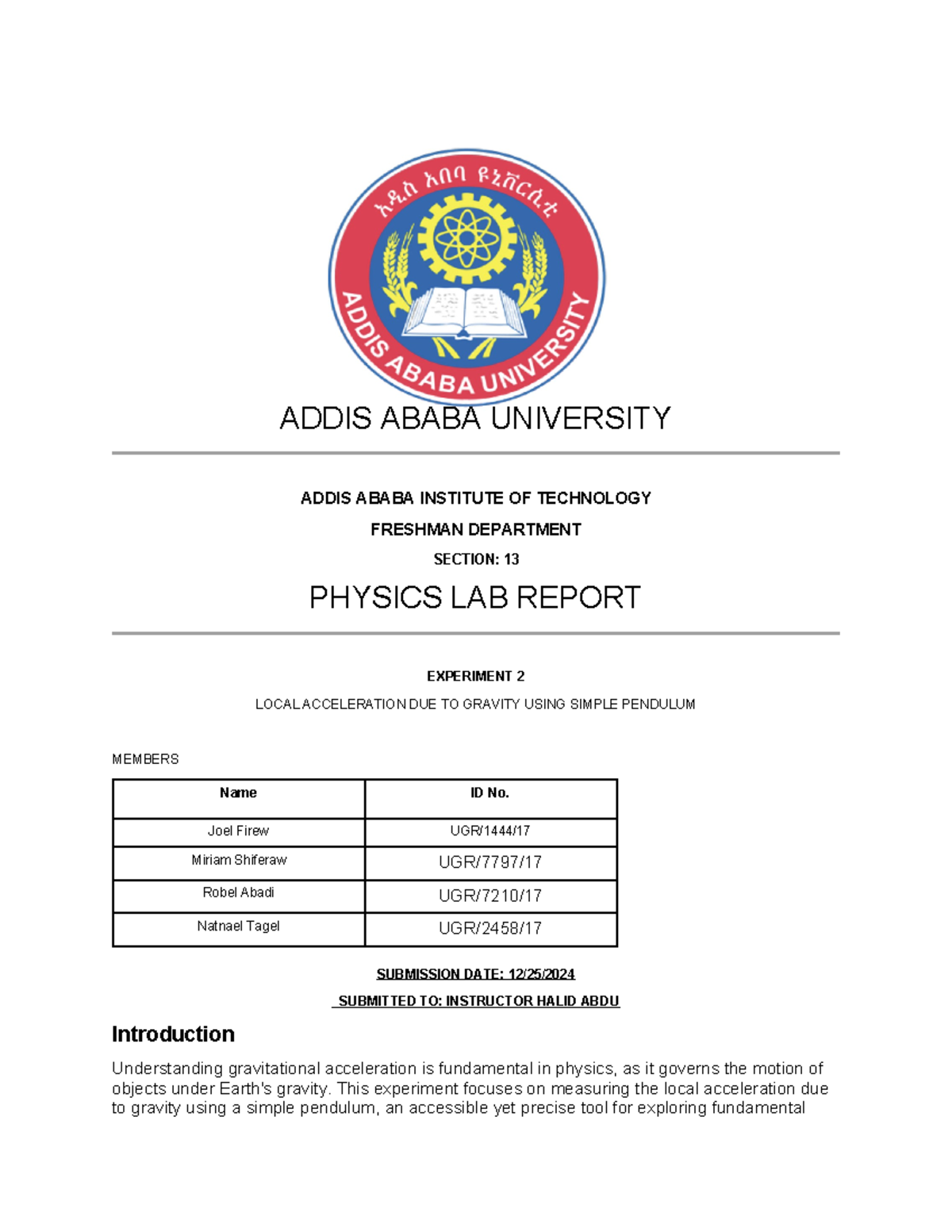 Lab Report on Local Gravity Measurement Using Simple Pendulum - PHYS ...