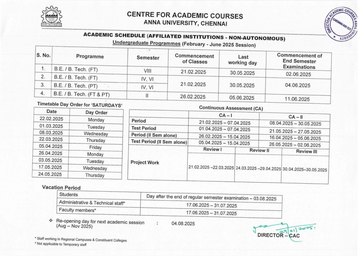 UG Academic Schedule for February-June 2025 Session at Anna University ...