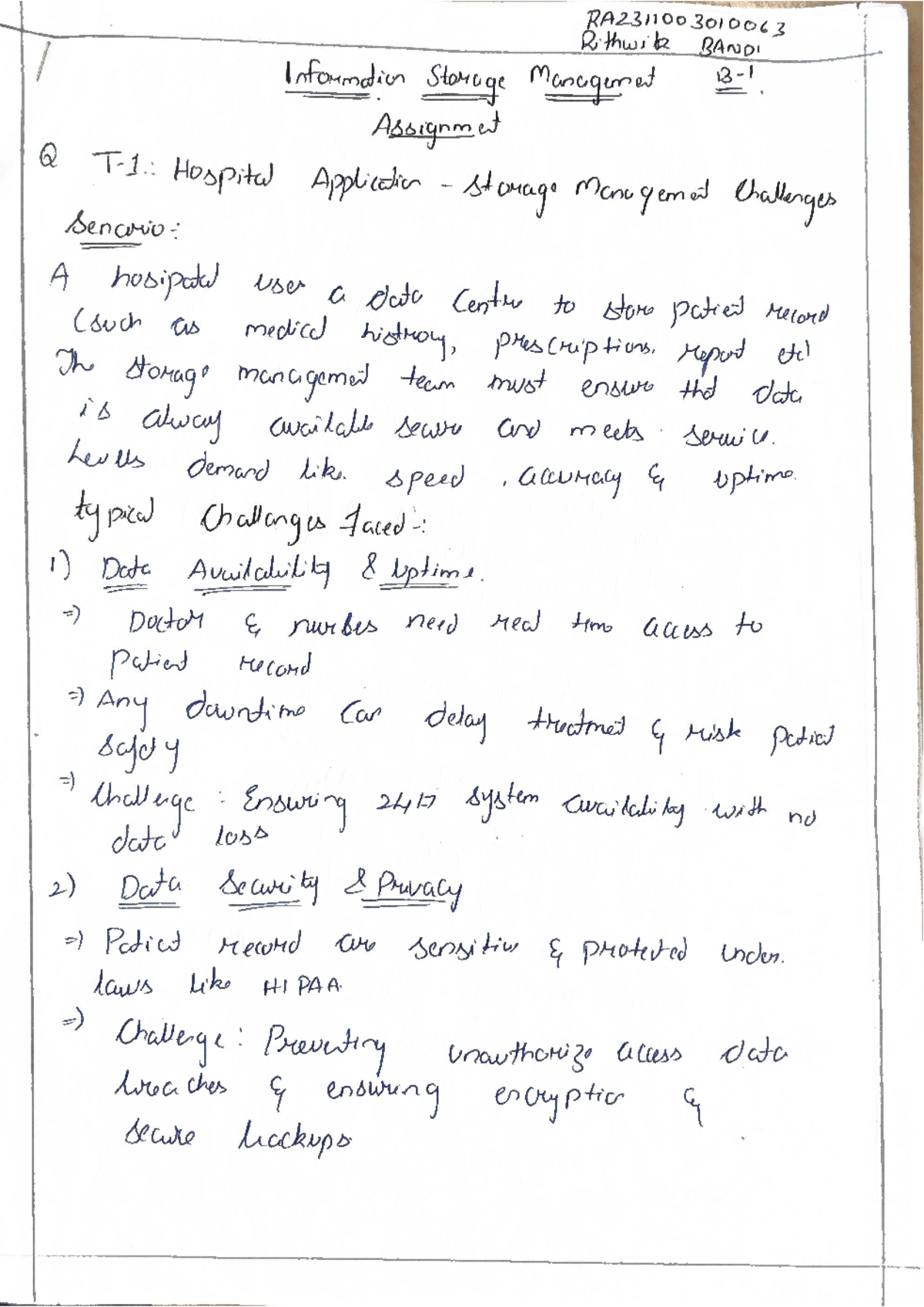 RA231100 3010063 Information Storage Management Assignment 1: Hospital ...