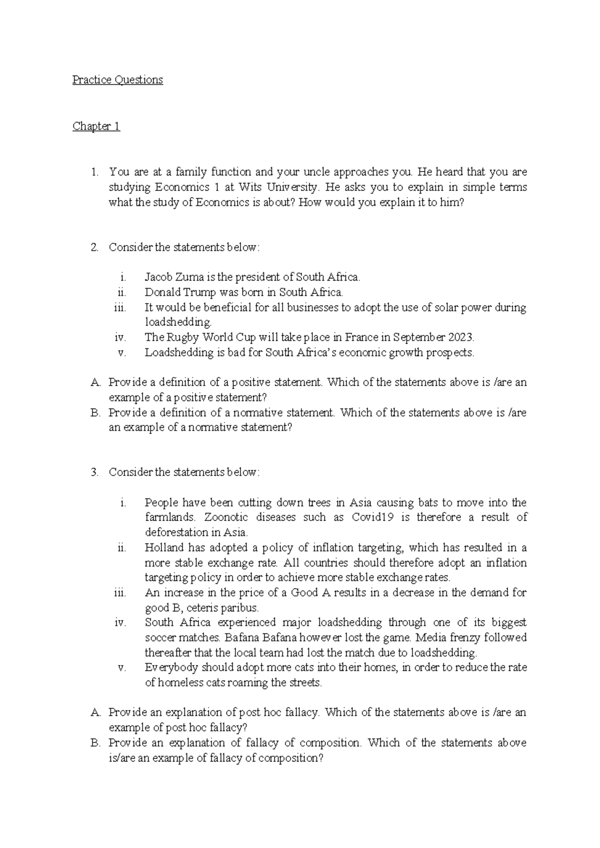 Chapter 1 & 2 Practice Questions for Econ 1: Key Concepts ...