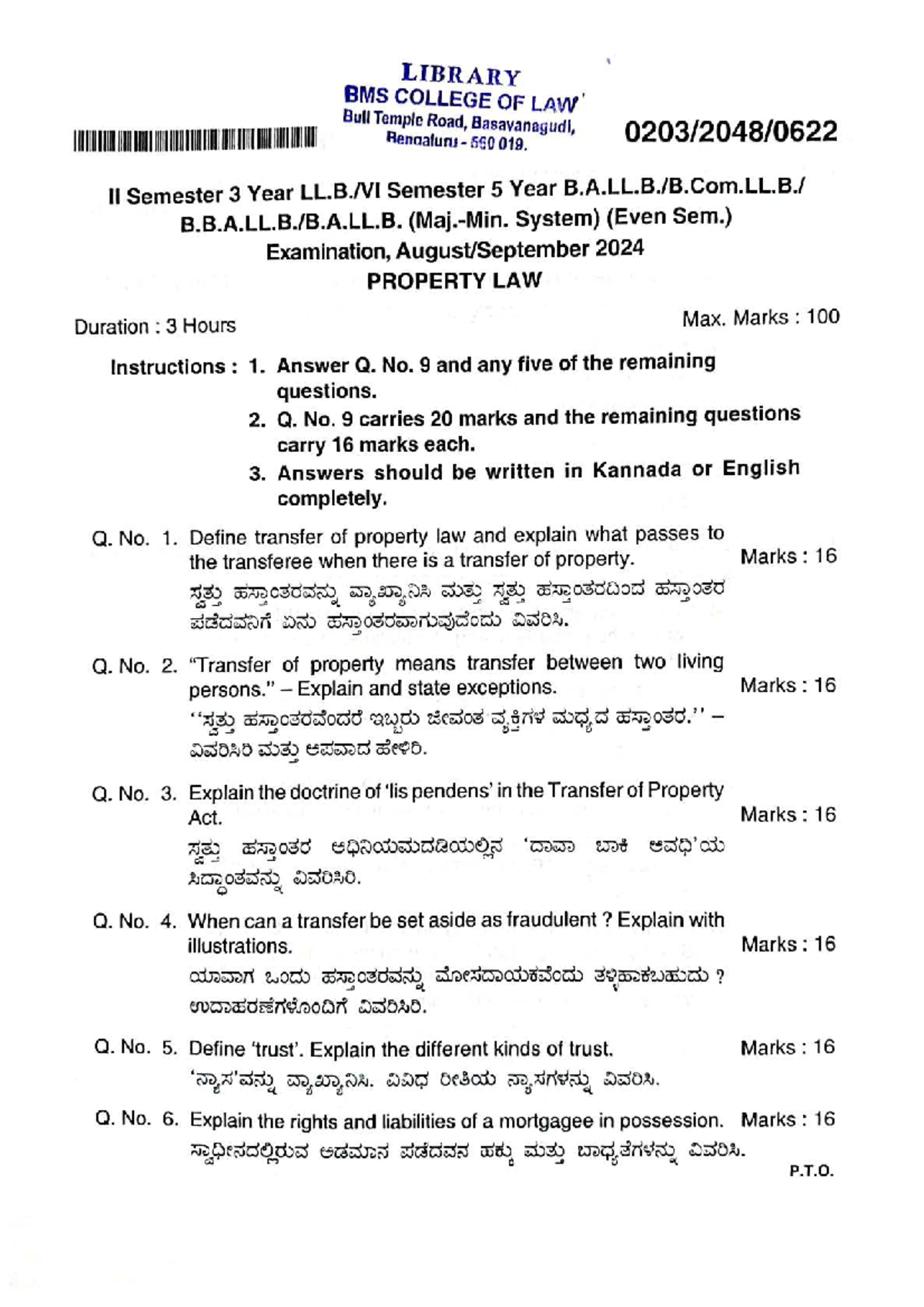 PROPERTY LAW II Sem Exam Qn Paper - BMS College of Law 2024 - Studocu