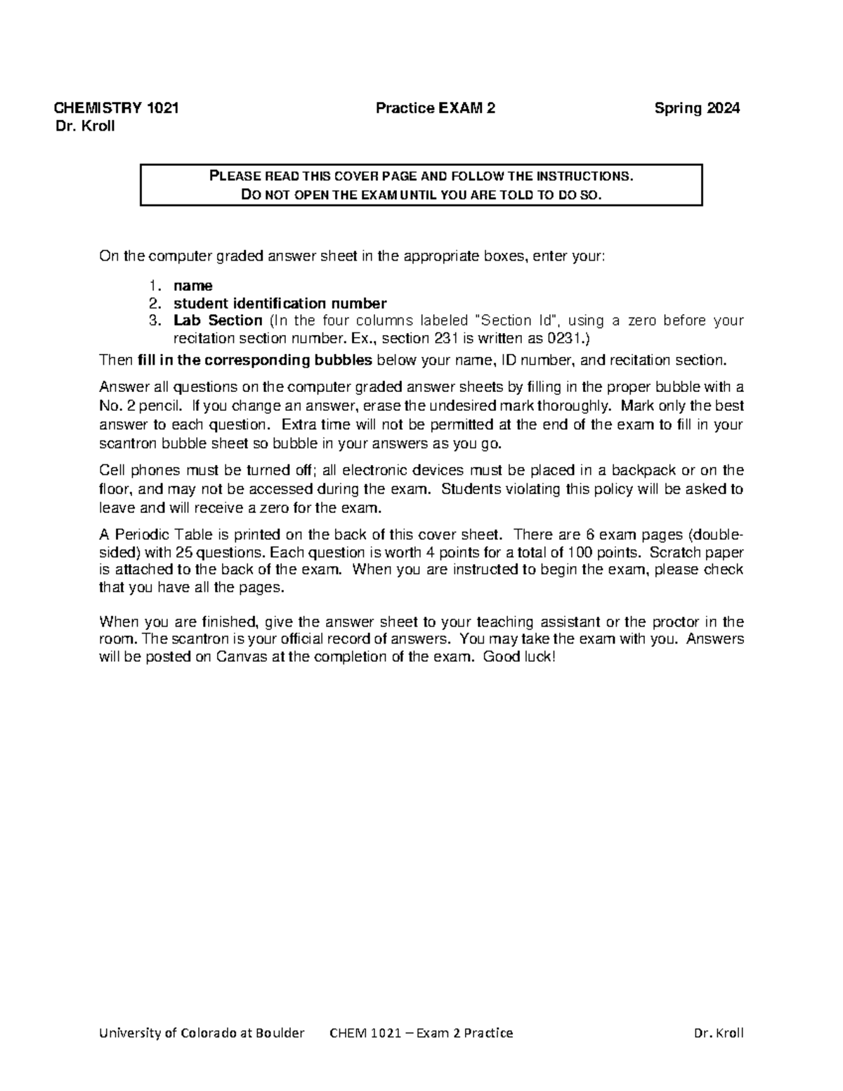 CHEM 1021 Practice Exam 2 Questions - Dr. Kroll Spring 2024 - Studocu