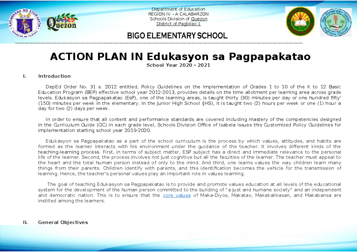 Action Plan in ESP - Department of Education REGION IV – A CALABARZON ...