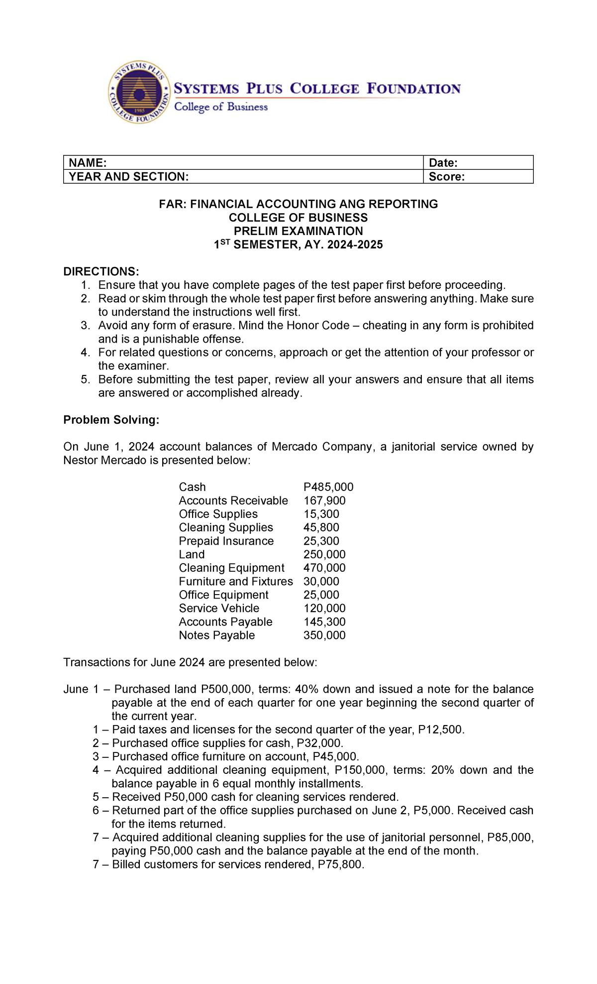 FAR- Financial Accounting & Reporting Prelim Exam 1st Sem AY 2024 - Studocu