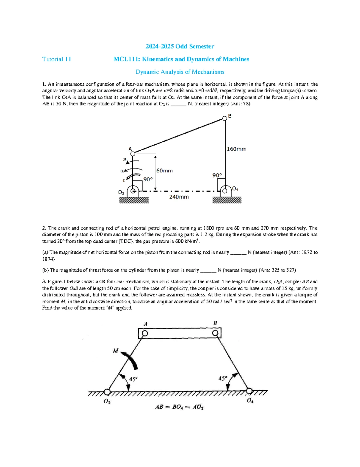 Odd Semester Tutorial Sheet 13: Balancing of IC Engines (2024-2025 ...